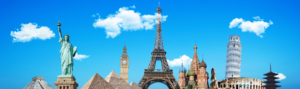 un ciel bleu avec des monuments historiques représentant chaque pays. Avec la tour eiffeil, big ben, la statue de la liberté, la tour de pise, les pyramides