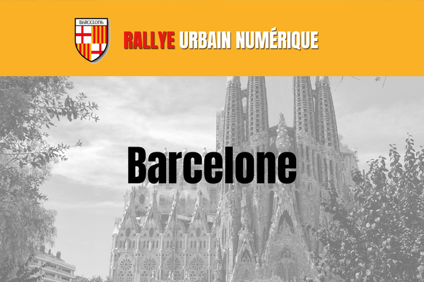 Barcelone écrit en gros avec le logo de la ville et la photo de la sagrada familia en fond noir et blanc