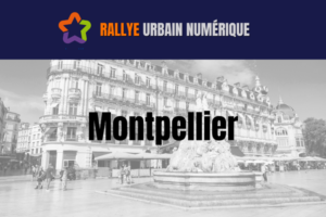 Montpellier écrit en gros avec le logo de la ville et cette dernière est en fond en noir et blanc