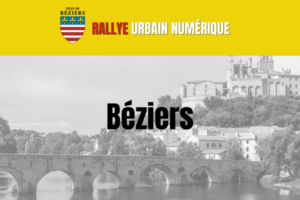 Béziers écrit en gros avec le logo de la ville et cette dernière en fond noir et blanc