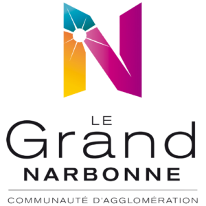 le logo du grand narbonne avec le n en majuscule au dessus avec 3 couleurs dessus séparés, du jaune puis du bleu puis du violet