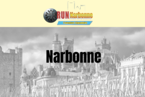 Narbonne écrit en gros la ville en fond noir et blanc. Et le logo du cathare en haut avec écrit à côté "Run Narbonne, l'aventure légendaire"