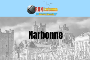 Narbonne écrit en gros la ville en fond noir et blanc. Et le logo du cathare en haut avec écrit à côté "Run Narbonne, l'aventure légendaire"