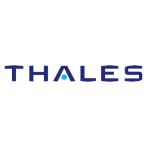 le logo de thales écrit en bleu avec un point bleu clair à la place de la barre du milieu de la lettre a