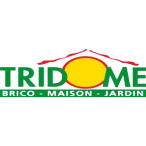 le logo de tridome avec le o en jaune entouré de rouge avec des traits rouges en diagonale au dessus de celui-ci