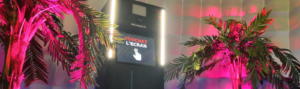 photobooth dans une cabine gonflable avec des palmiers sur les côtés
